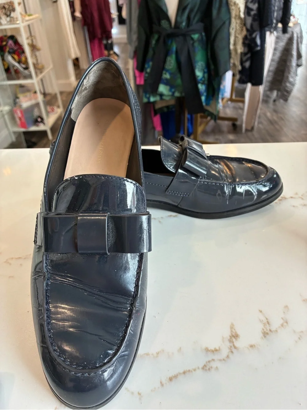 Stuart Weitzman Patent Leather Bow Loafers in Deep Navy